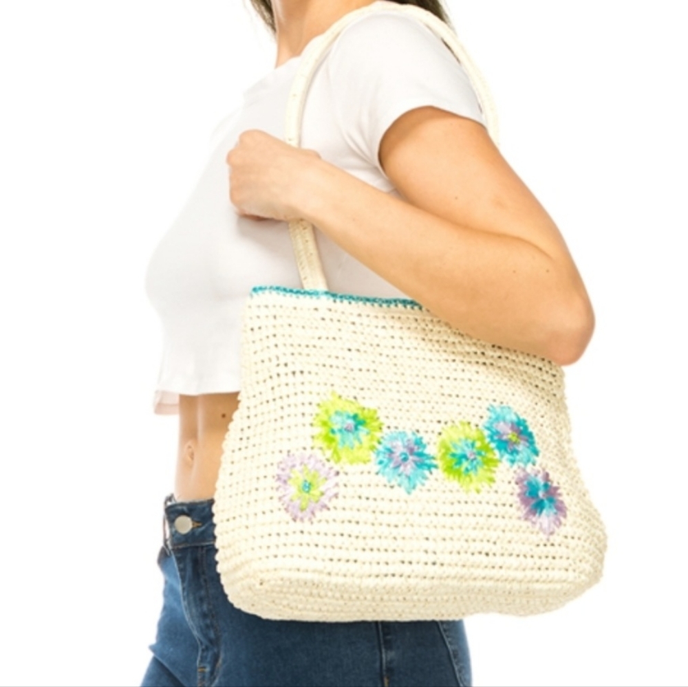 Summer Boho Straw Beach Bag Crocheted Tote With Embroidered Flowers